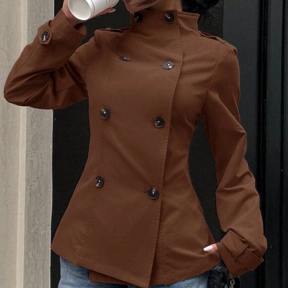 Brown Women's Double-Breasted mini Trench Coat jacket - Picture 5 of 5